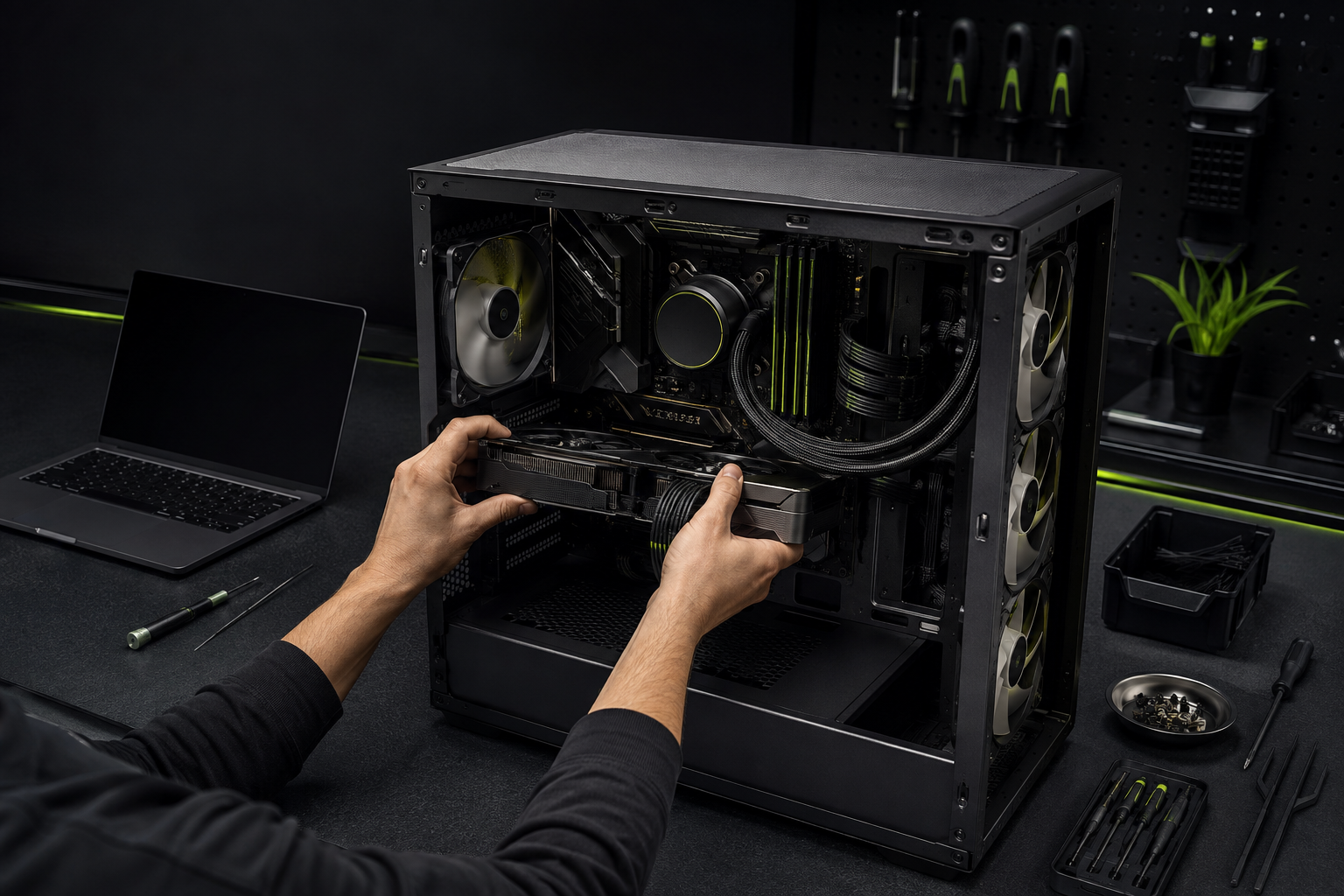 Technician installing a component in a custom desktop PC